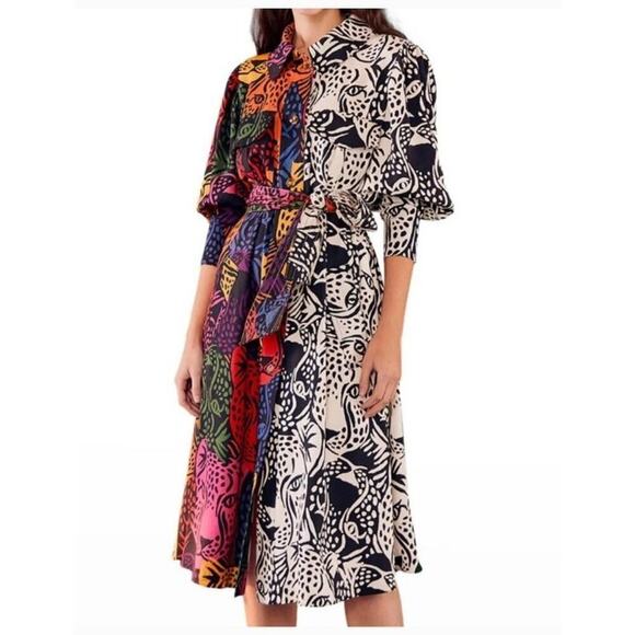 FARM Rio Dresses & Skirts - FARM Rio Mixed Midnight Leopard Dress Button front long sleeve medium -no belt